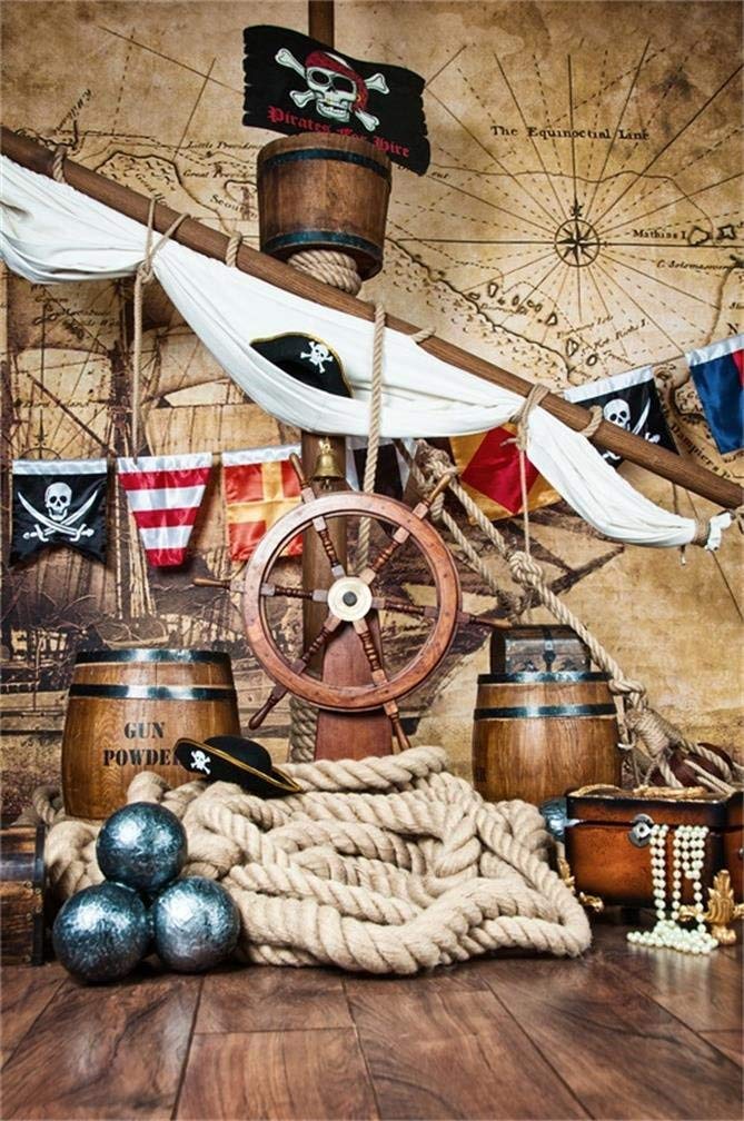 AOFOTO 5x7ft Pirate Ship with Flag Backdrop Vintage Corsair Boat Rudder Treasure Map Photography Background Marine Sailor Nautical Themed Party Decorations Halloween Banner Boy Kids Photo Booth Props - Image 1